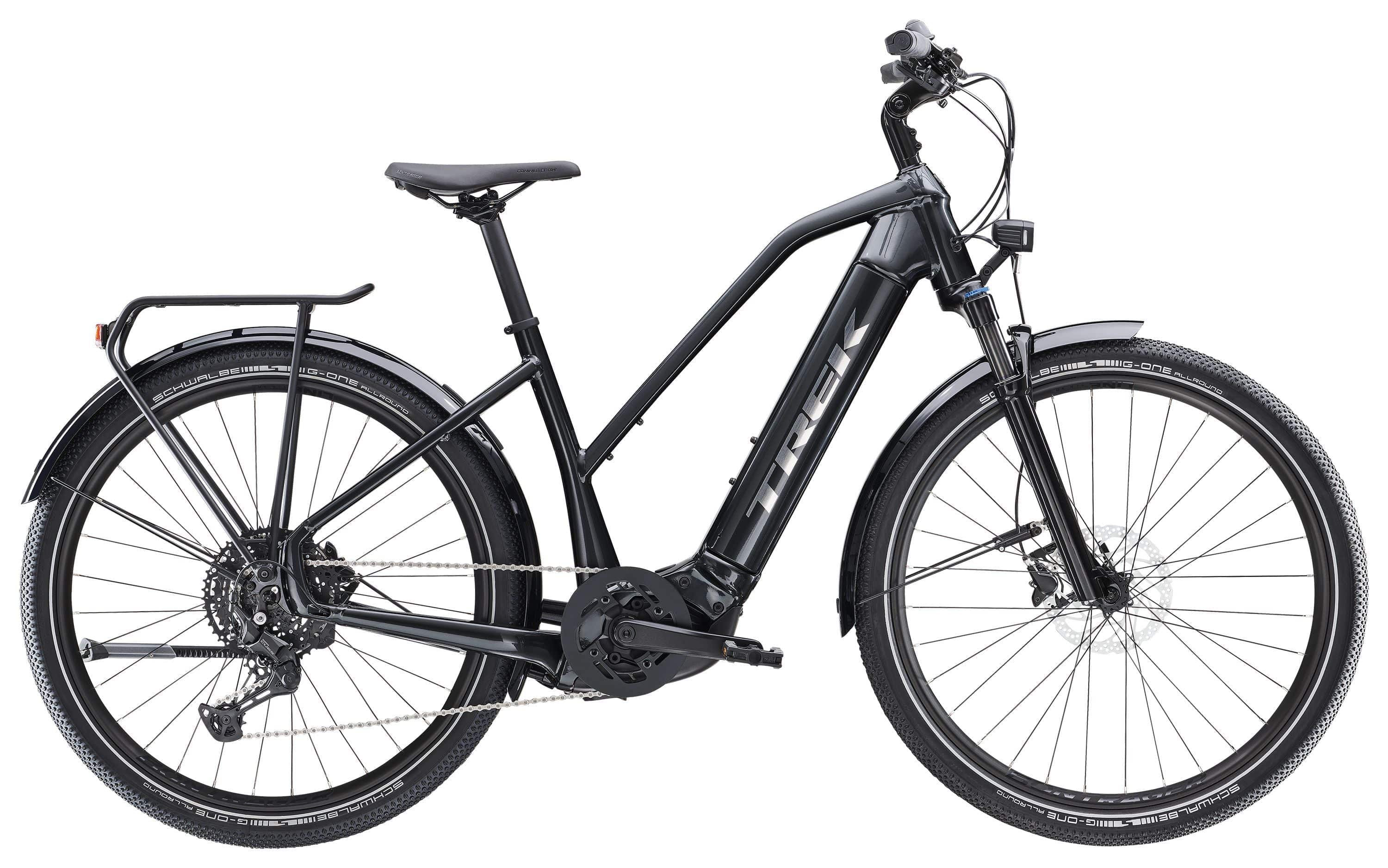 Trek Allant+ 7 Stagger 2025 electric hybrid bike for urban commuting, featuring a step-through frame and sleek design.