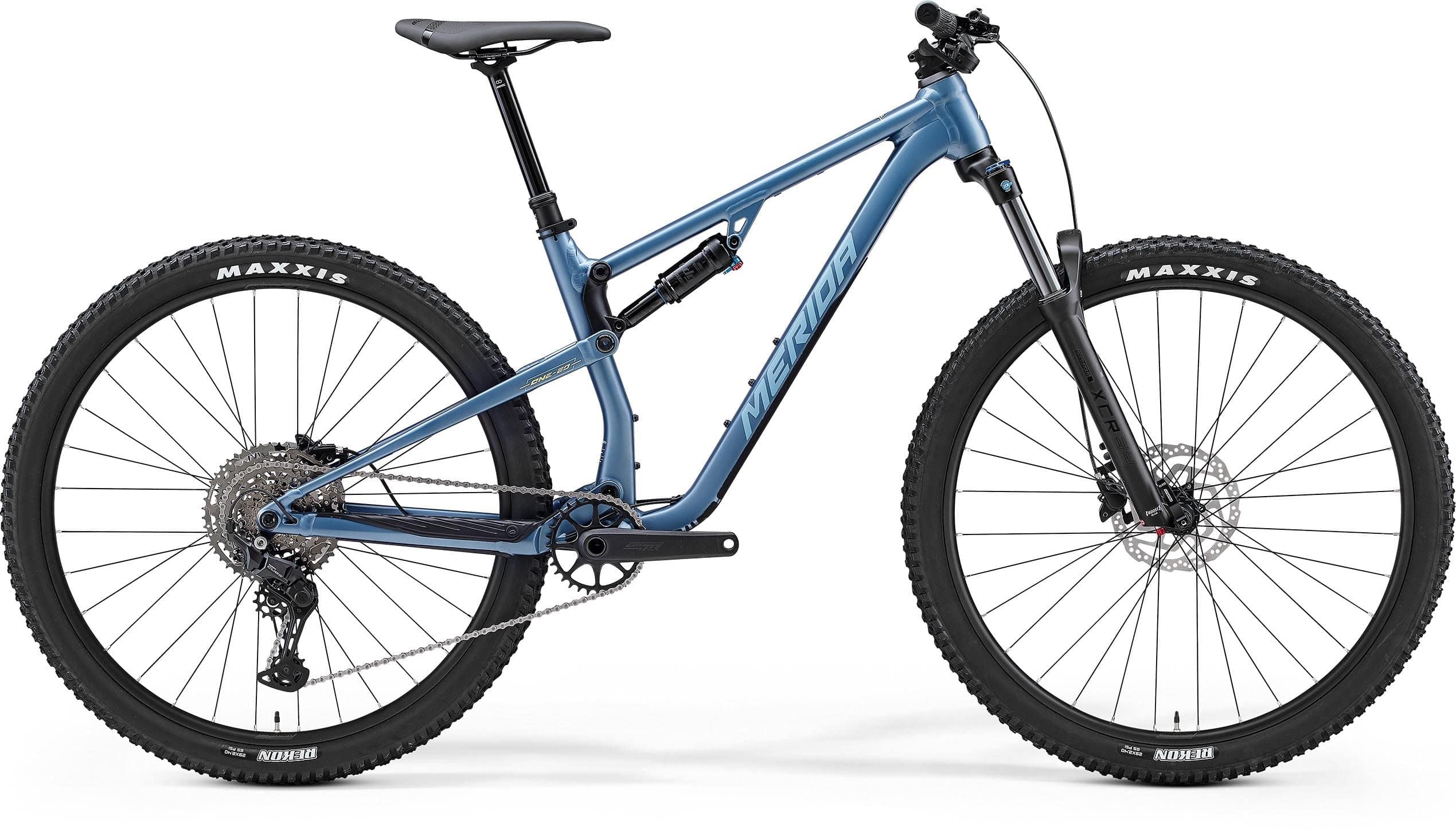Merida One-Twenty 300 29er mountain bike with 130mm suspension and Shimano CUES U6000 system, shown from the side on trail.