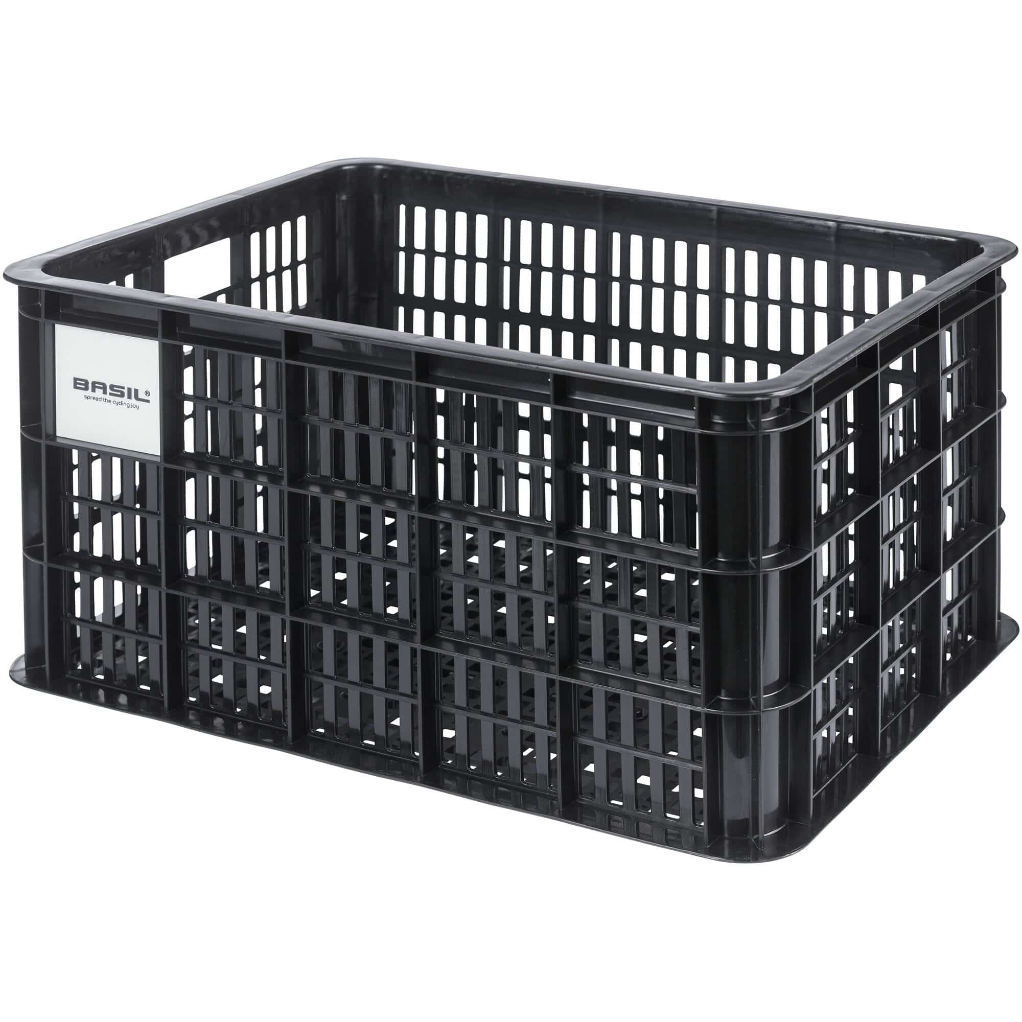 Large Basil Bicycle Crate in black, 40L capacity, made from recycled synthetic material, designed for bike accessories.