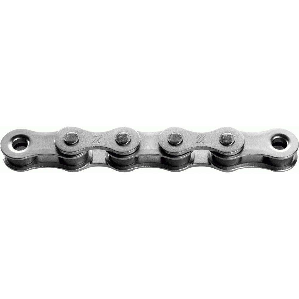 KMC Z1 Wide Silver 112L BMX and internal gear hub bike chain with snap-on connector, visible links and silver finish.
