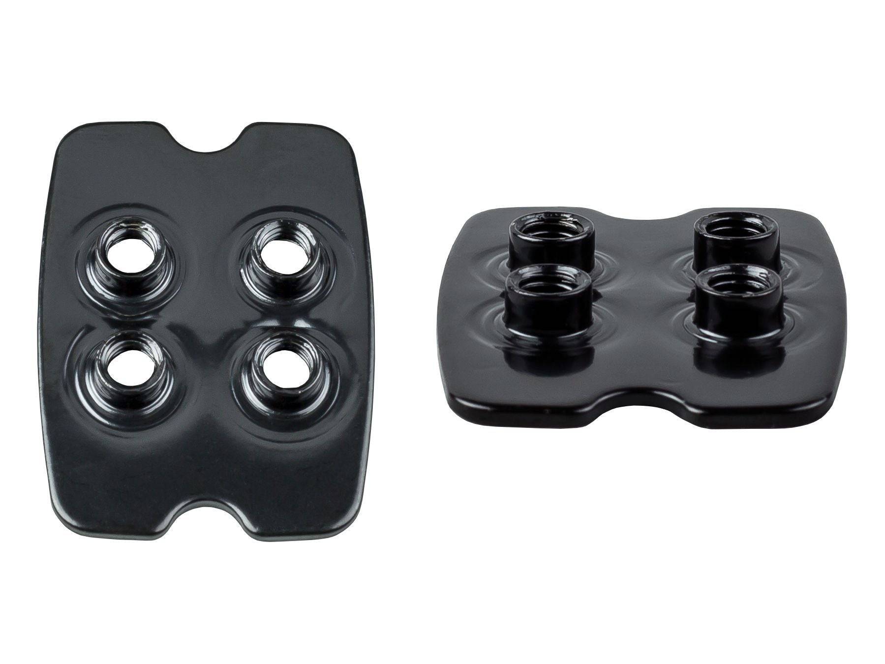 Black Bontrager road shoe SPD pedal adapter pair for 2-bolt cleats, cycling components for road bike shoes.