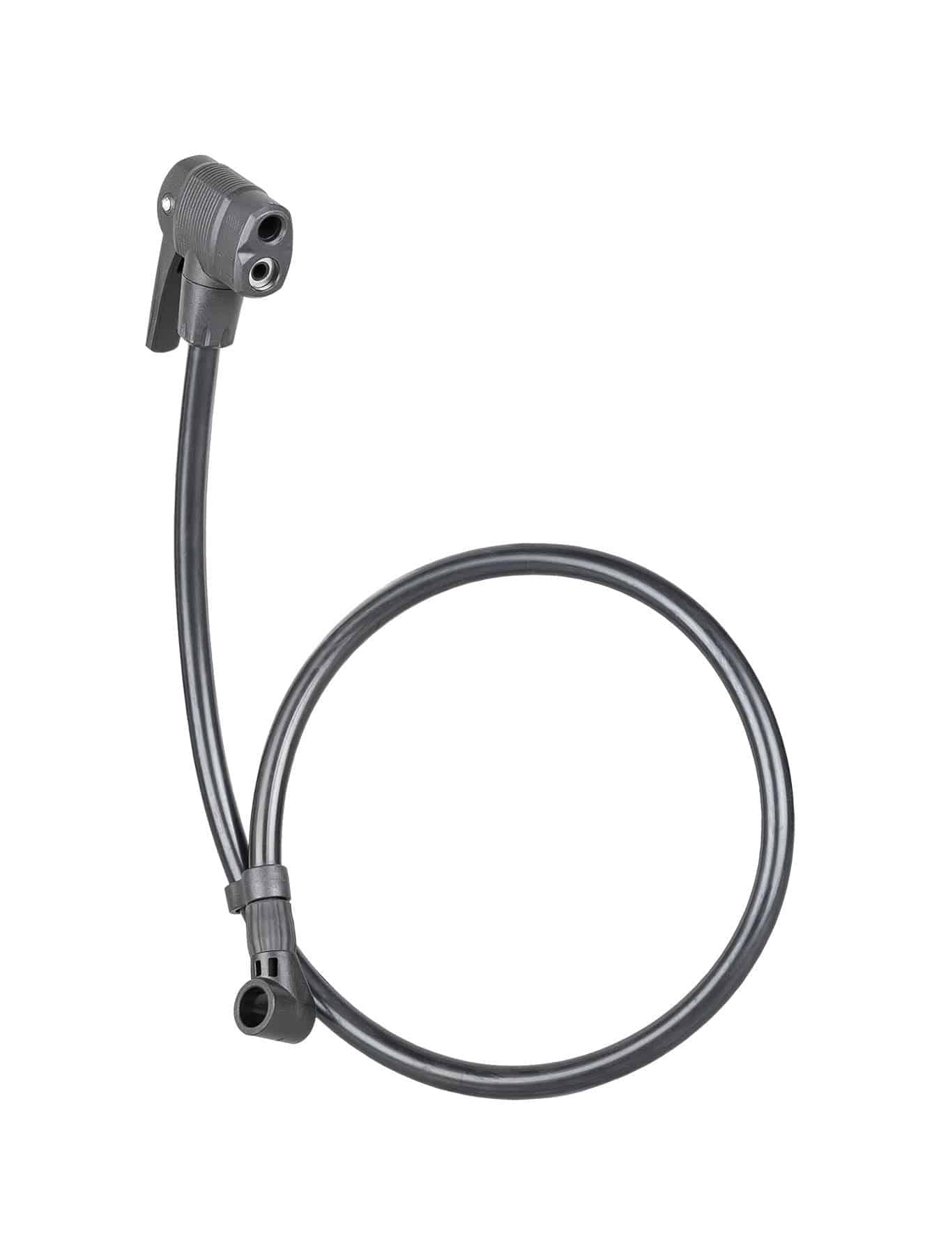 Bontrager TLR Flash Can pump head with hose for tubeless tire inflation, includes spare and mounting accessories.