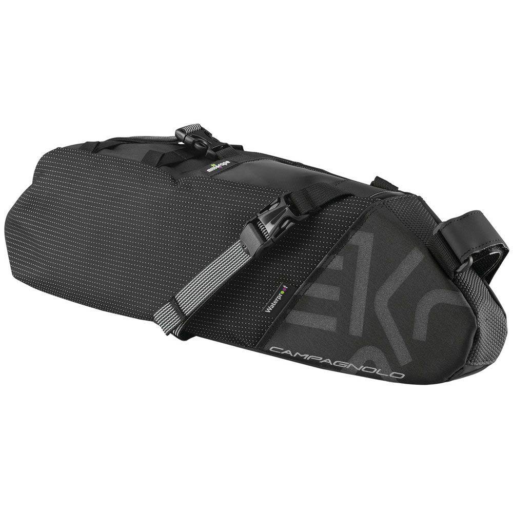 Campagnolo EKAR gravel bike saddle bag, waterproof gravel bike packing accessory with multiple compartments for gear storage.