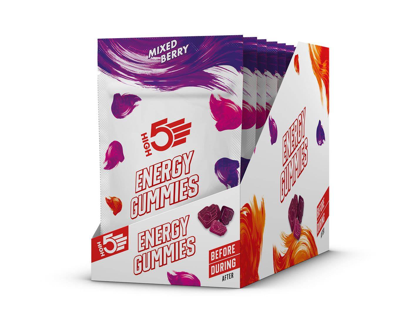 High5 Energy Gummies Mixed Berry flavor vegan endurance chews in a clear plastic container with 10 pieces