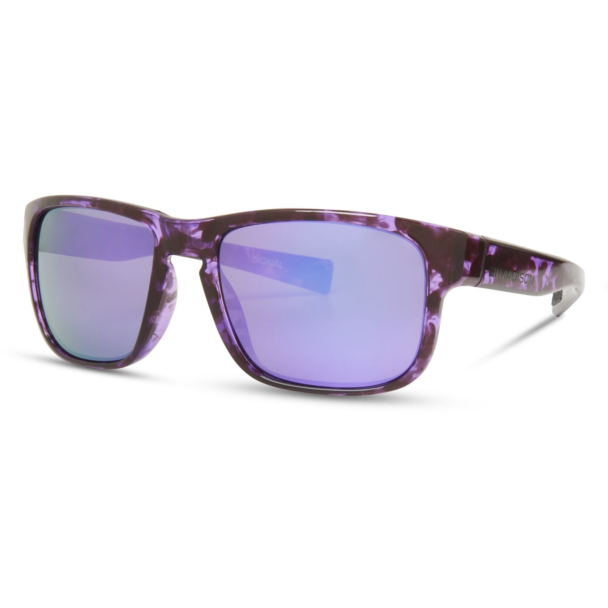 Madison Eyewear Signal Crystal Tortoise Shell sunglasses with purple mirror lenses showing stylish frame and reflective lenses.