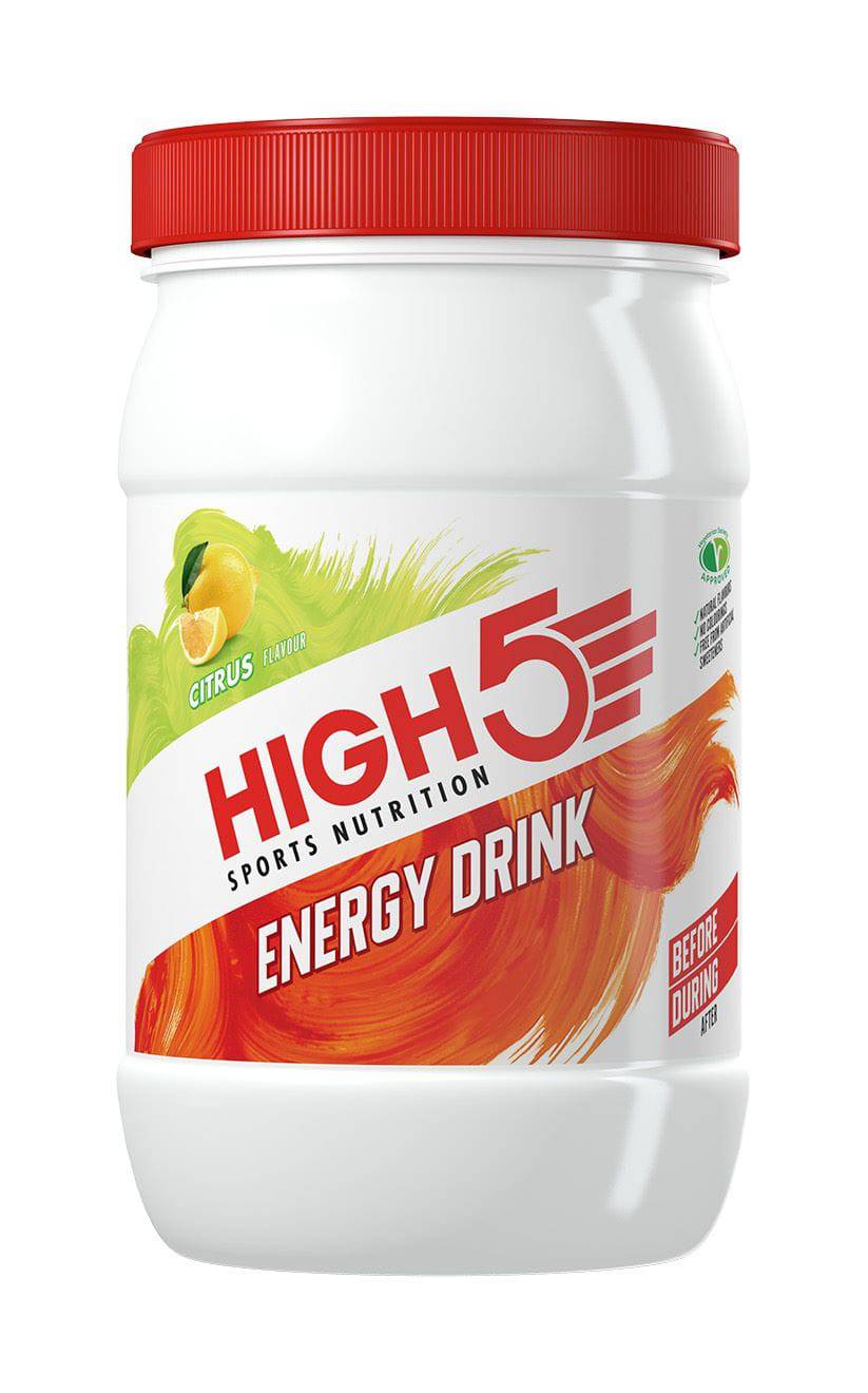 High5 Energy Drink Tub 1kg, endurance sports carb and electrolyte mix in a large container with a scoop for athletes.