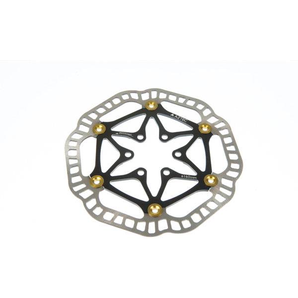 Aztec semi-floating 180mm bike disc brake rotor with vented design and high-performance components for mountain biking.