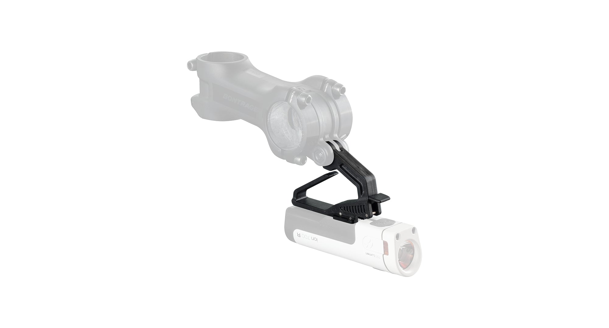 Black Bontrager Blendr MTB Ion light mount compatible with Blendr stems and bases, designed for secure bike lighting attachment.