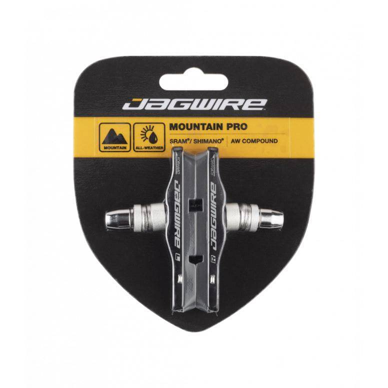 Jagwire Mountain Pro brake pads for linear pull and cantilever MTB brakes, shown in a close-up image of the component.