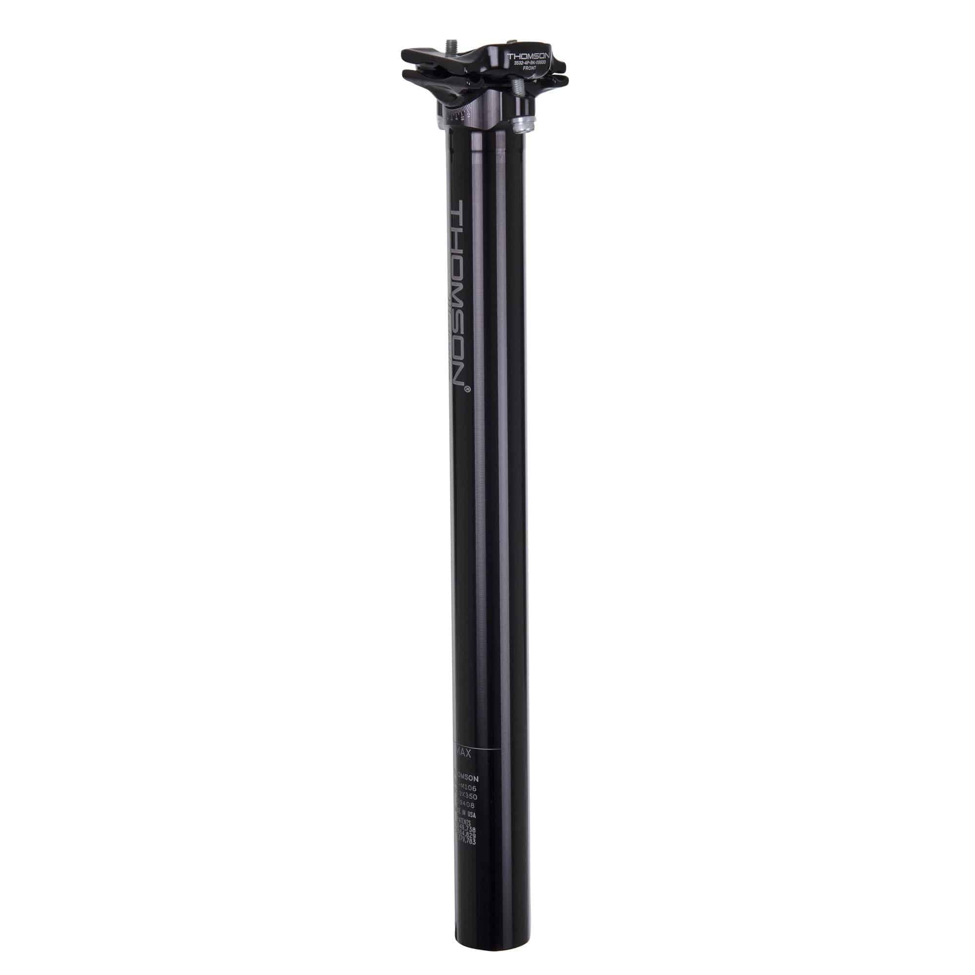 Thomson Masterpiece inline MTB seatpost with durable construction and infinite tilt adjustment, shown in a close-up view.