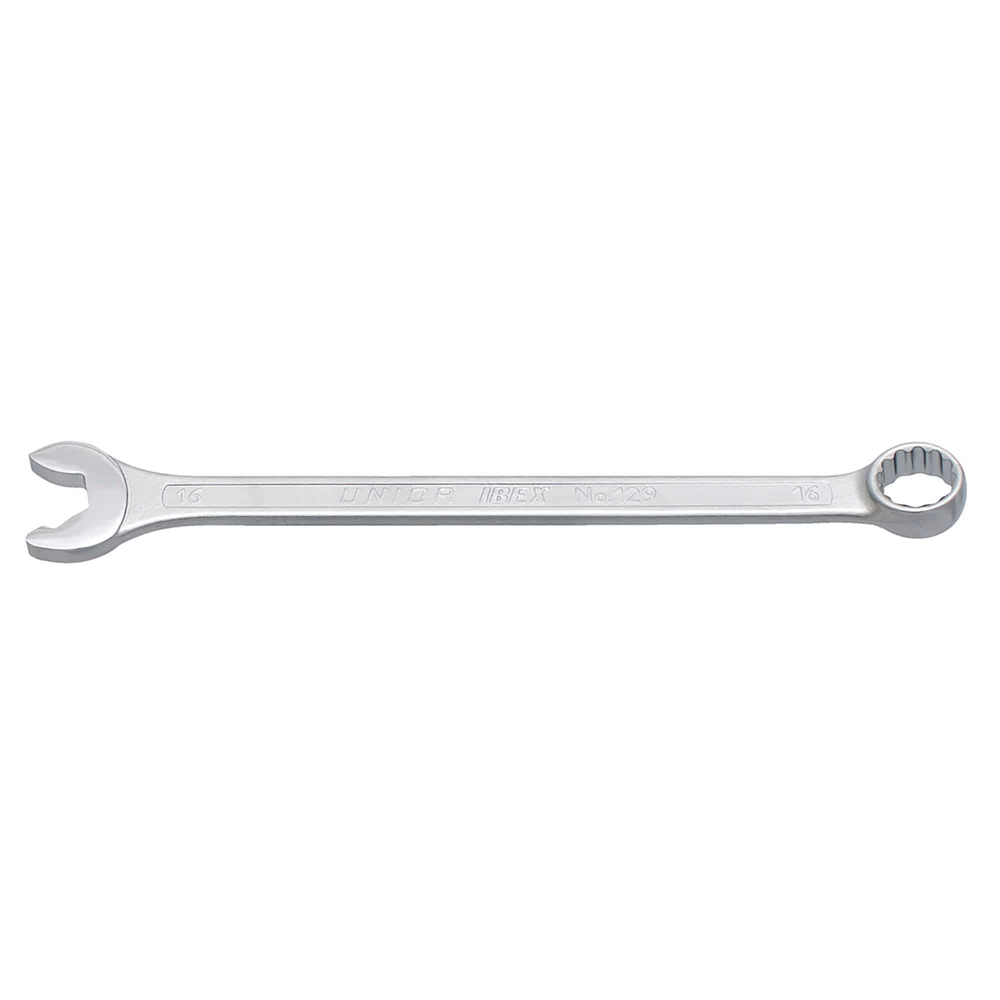 UNIOR Ibex combination wrench, professional workshop tool with safety cut design, showing polished metal finish and ergonomic handle