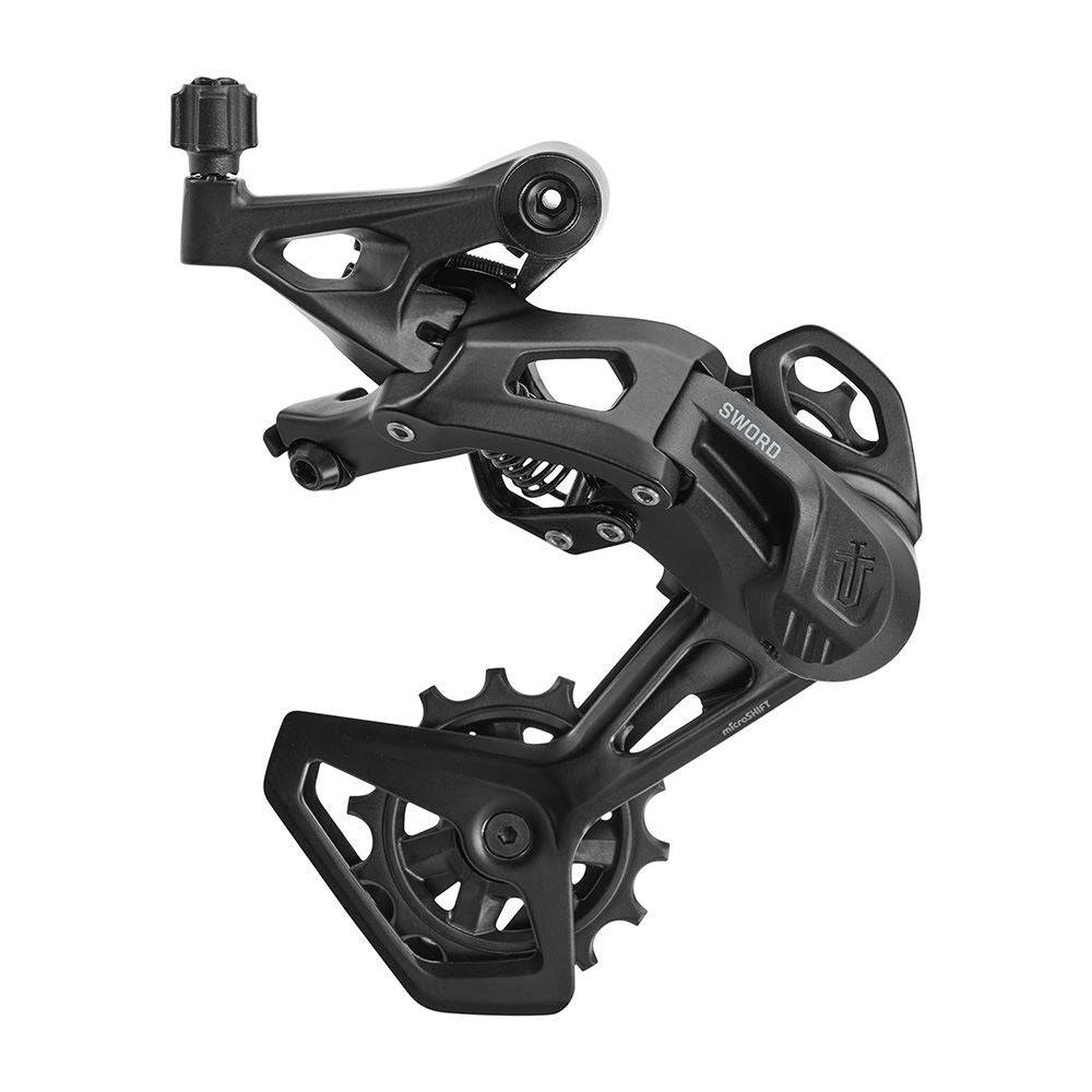 MicroSHIFT Sword Black rear derailleur for 1x 9/10 speed gravel bikes, featuring a durable design for single chainring setups.