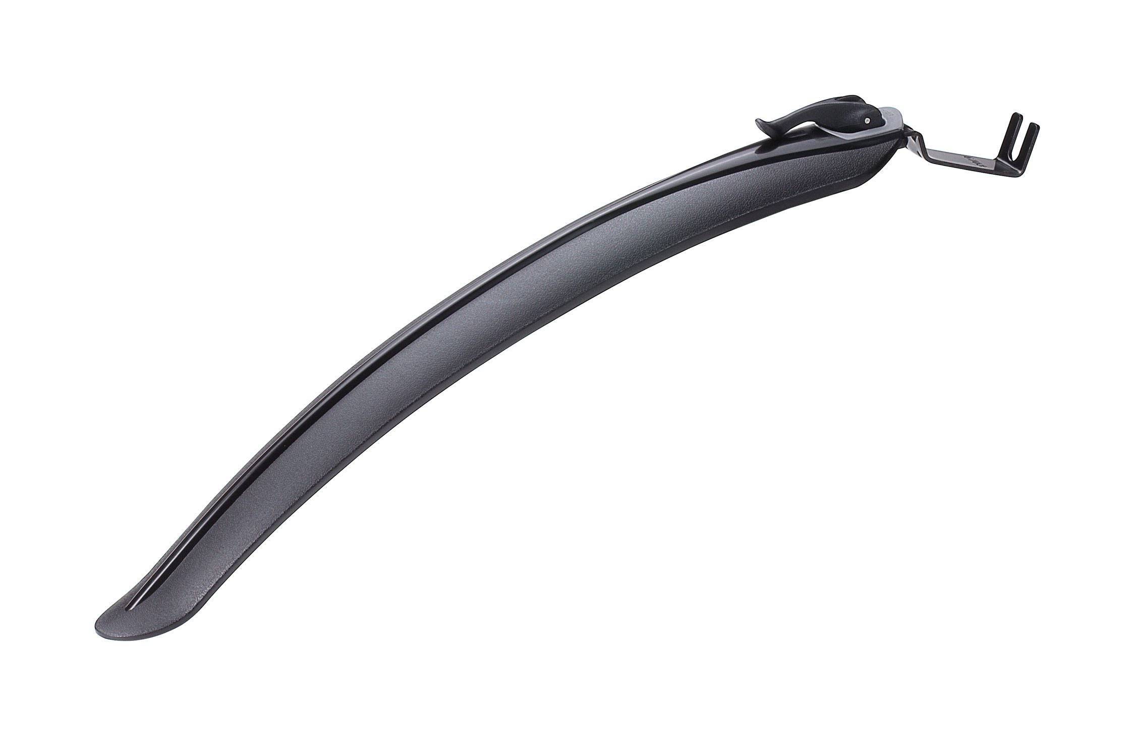 BBB BFD-21F RoadProtector front fender for road bikes with quick-release system, shown on a black bicycle.