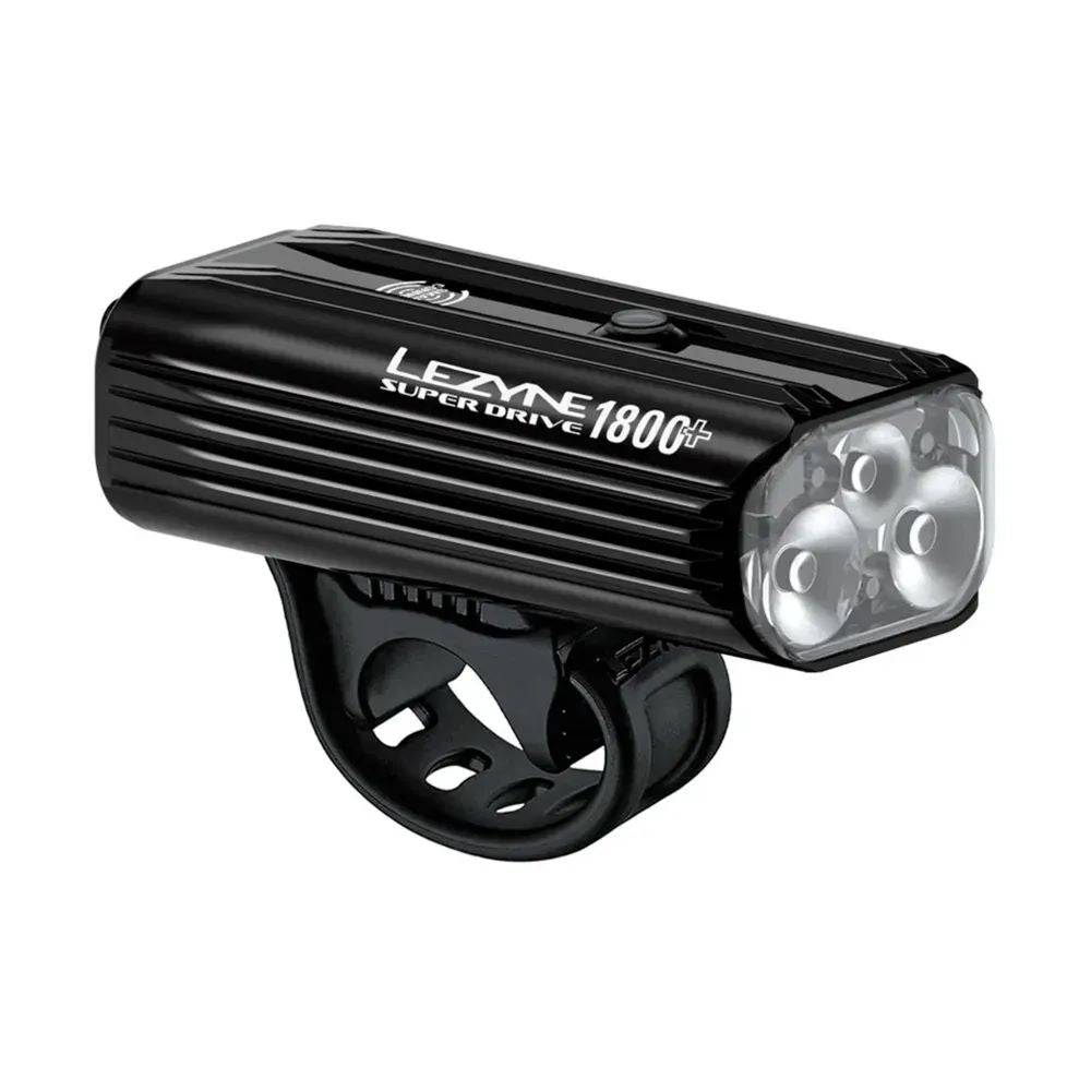 Lezyne Super Drive 1800+ Smart front bike light with 1800 lumens, black, USB-C rechargeable, designed for cycling safety.