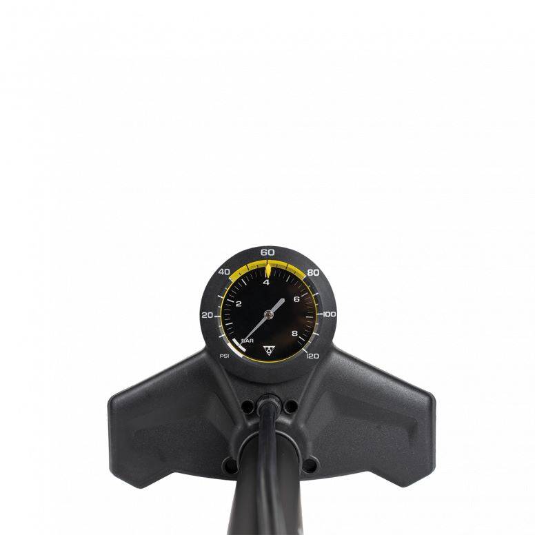 Topeak JoeBlow Sport EX yellow floor pump with SmartHead for Presta and Schrader valves, showcasing the pump and valve attachments.
