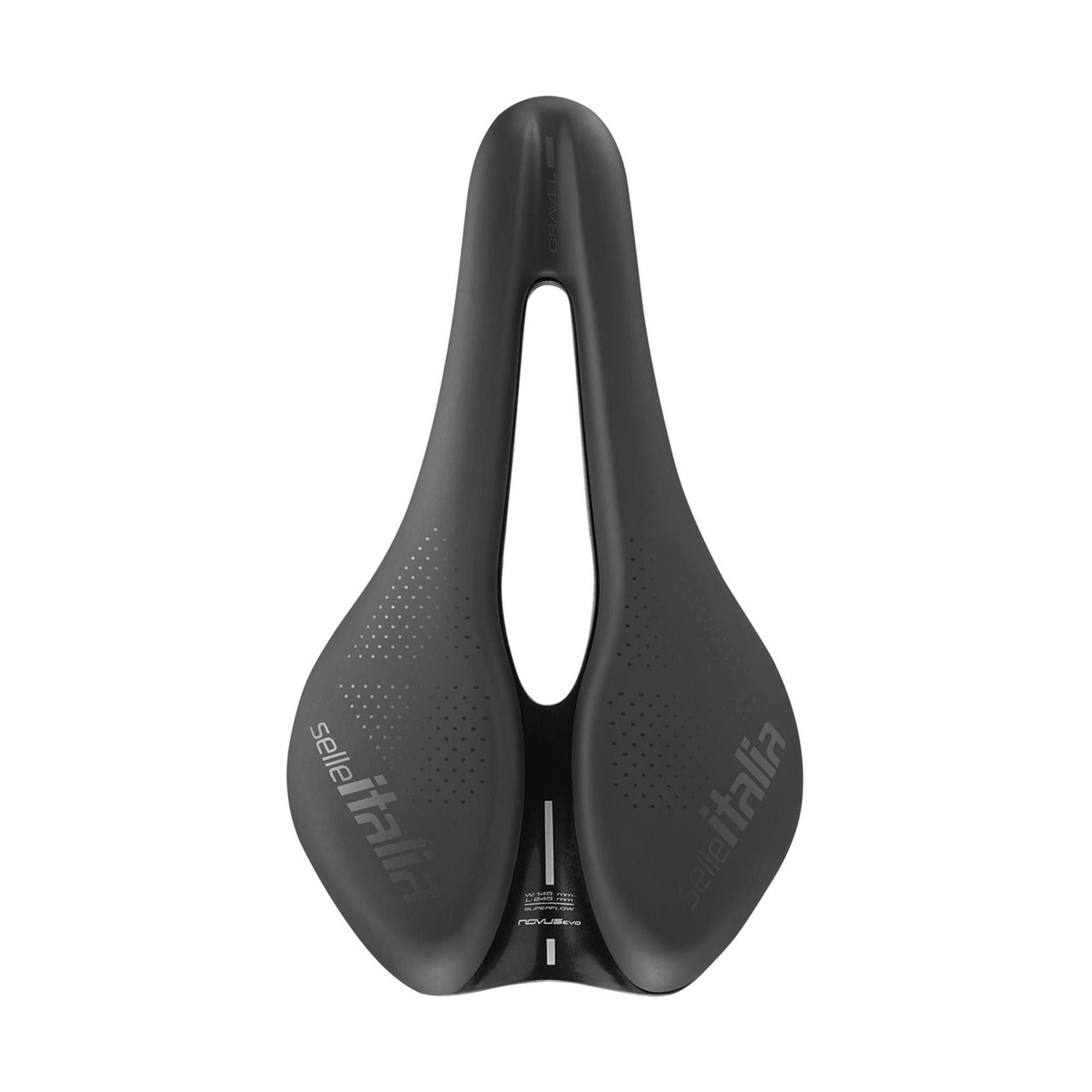 Selle Italia Novus Boost Evo TM Superflow gravel bike saddle in black with ergonomic design and branding visible.