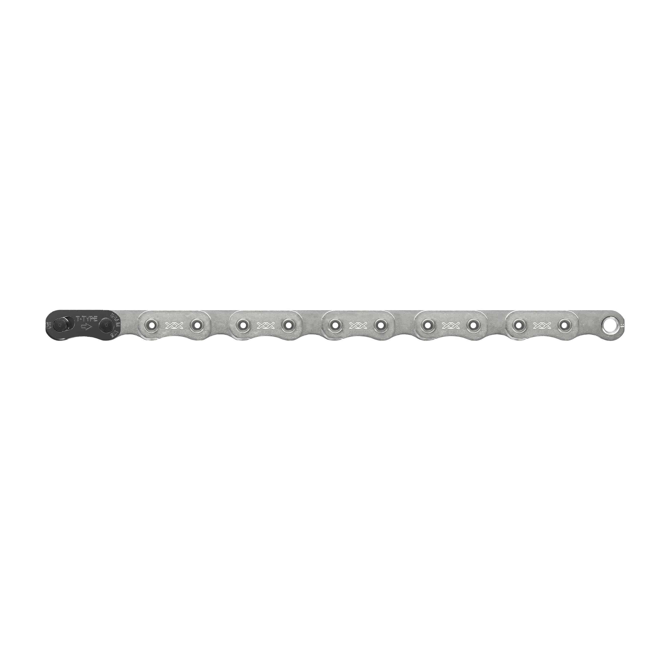 SRAM XX T-Type Eagle Silver Hollowpin Chain with PowerLock, 126 links, 12-speed component for mountain bikes.