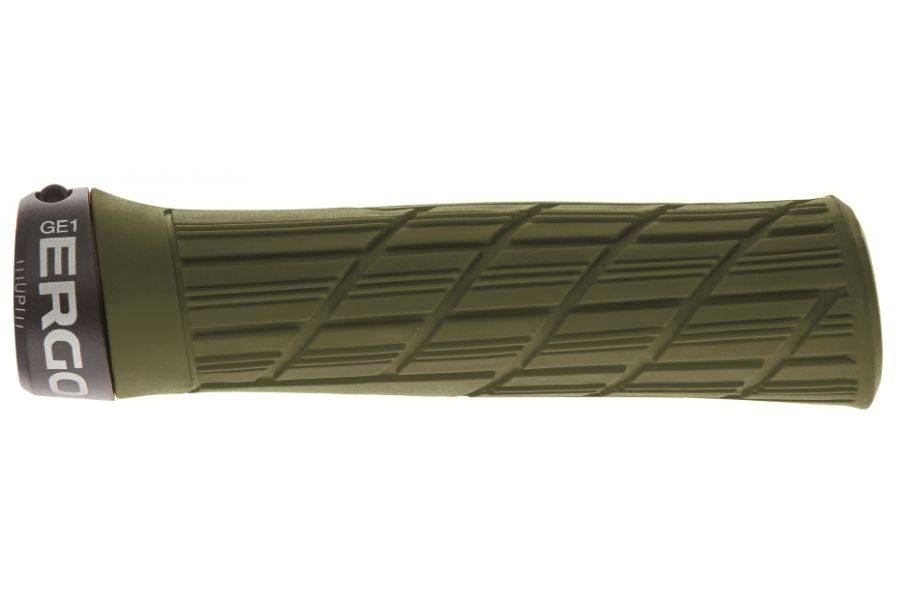Ergon GE1 Evo Moss cycling grips finishing kit with ergonomic design for comfort and control on bicycle handlebars.