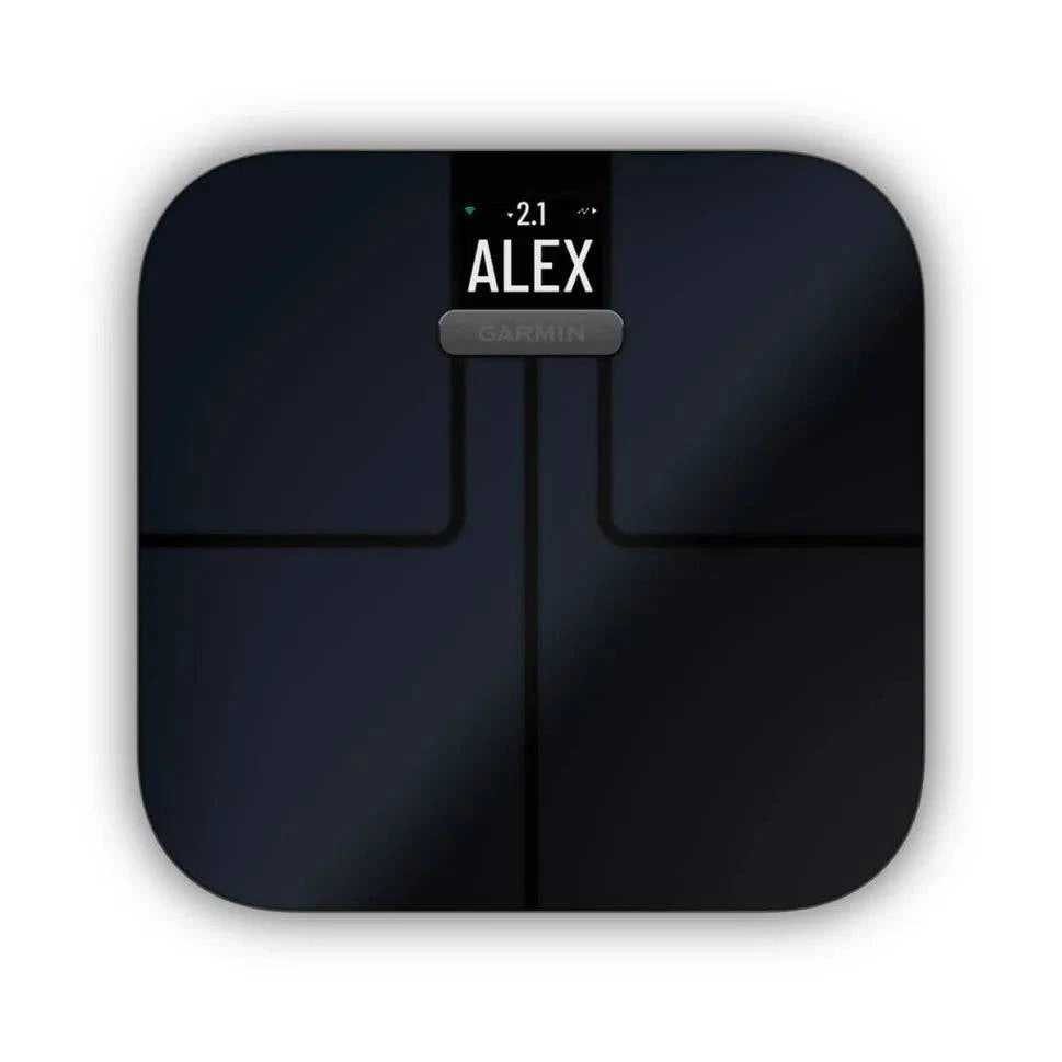 Garmin Index S2 black smart body composition scale with Wi-Fi, multi-user support, and digital display for health tracking.