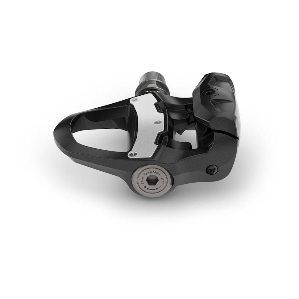 Garmin Rally RK110 single-sensing power meter cycling pedals with black pedal body and cleat attachments for performance cycling components.