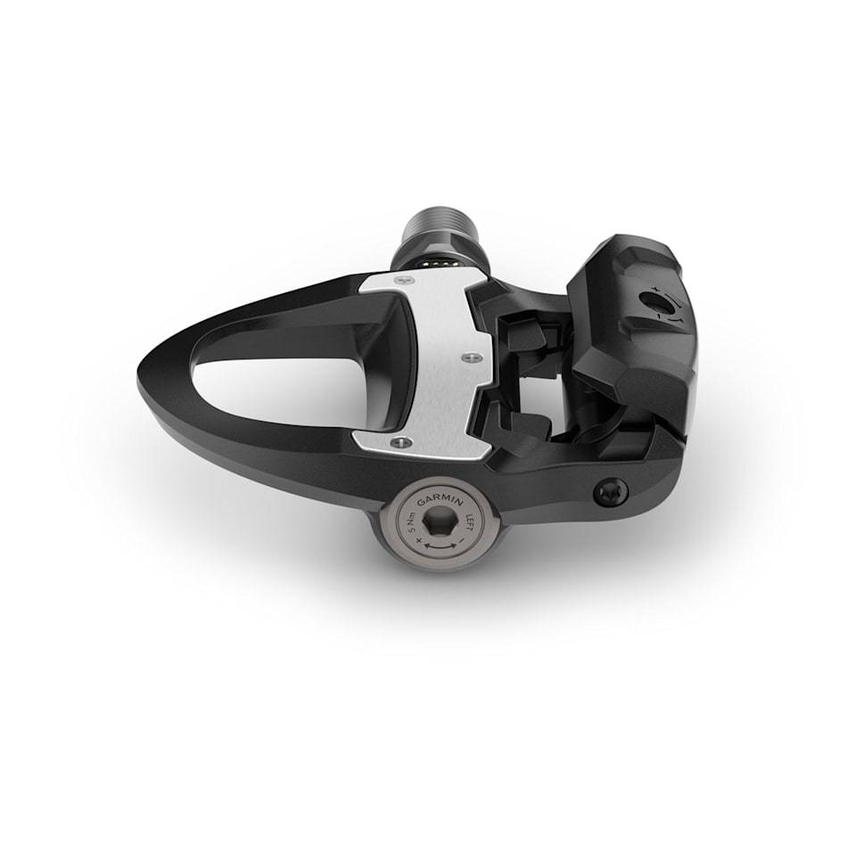 Garmin Rally RS110 single-sensing power meter cycling pedals with black body and cleat interface, mounted on a bike pedal.