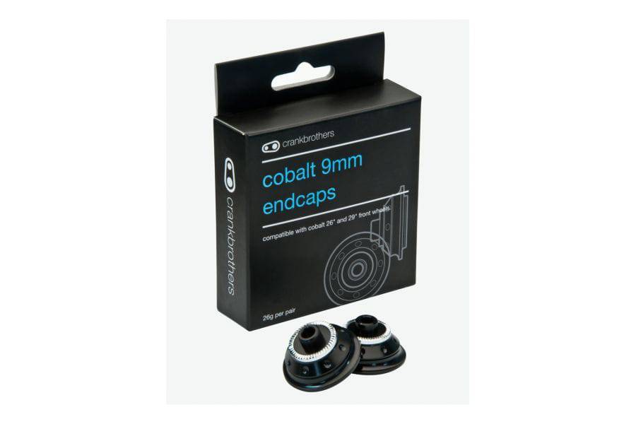 Crankbrothers Cobalt front hub 9mm end caps for smooth performance, shown on a bicycle wheel component.