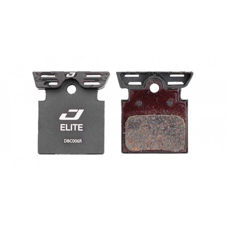 Jagwire Elite cooling disc brake pads for Shimano road bike, black high-performance components, shown in close-up.