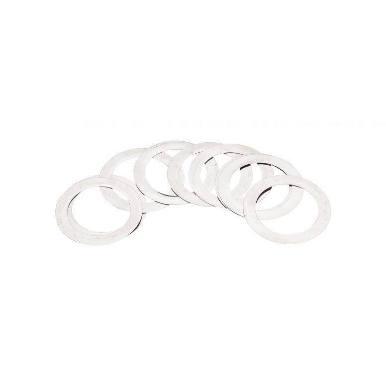 Jagwire Centerlock rotor shims in silver, 0.2mm thickness, for brake rotor alignment, shown in a 10-pack for bicycle components.