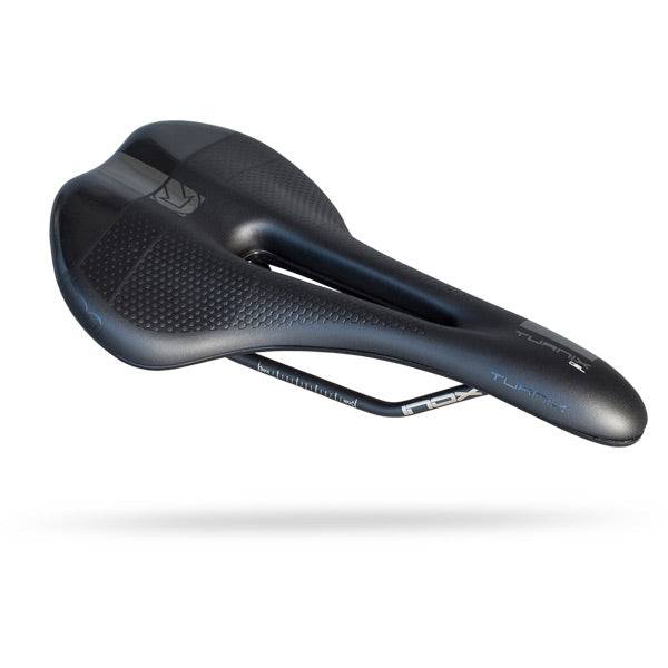 PRO Turnix Gel Saddle with shock-absorbing PU padding and stainless steel rails, designed for comfortable cycling components.