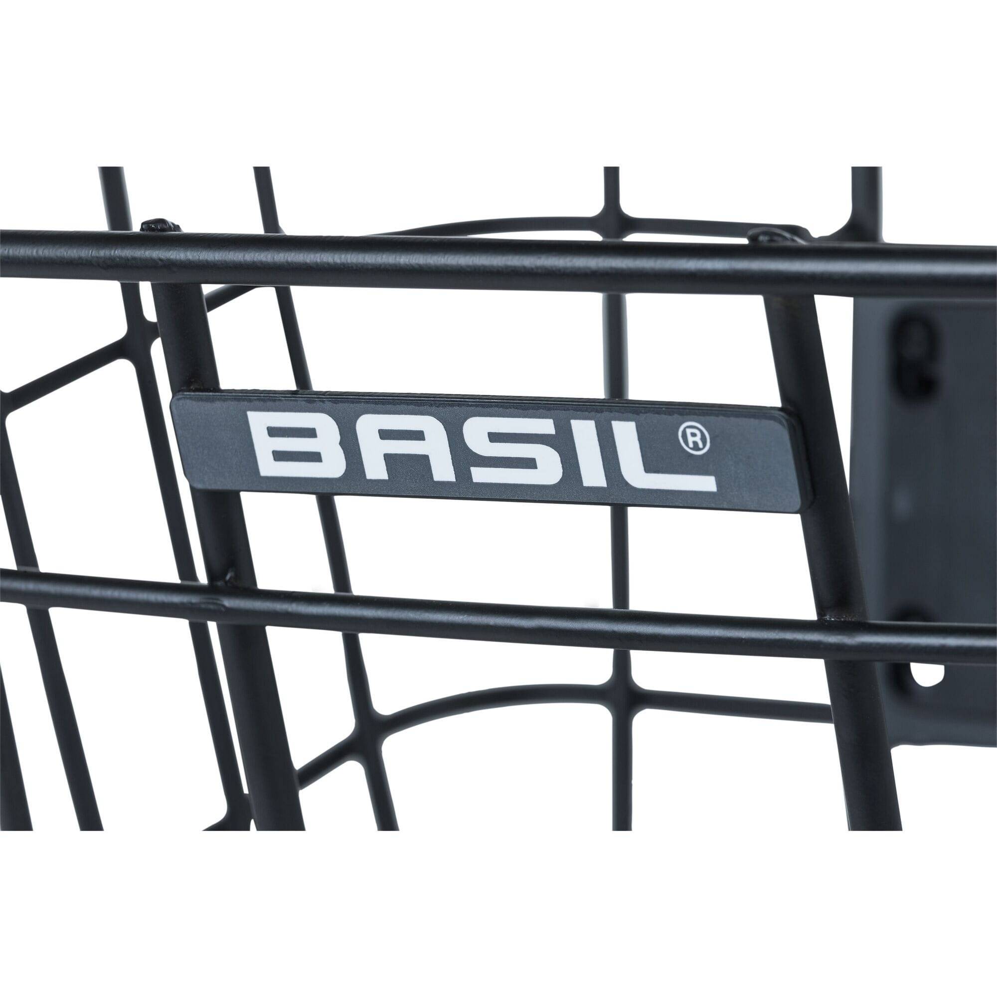 Basil Bremen Alu KF front bike basket in matte black with detachable handle and adapter plate, suitable for bike accessories.