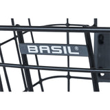 Basil Bremen Alu KF front bike basket in matte black with detachable handle and adapter plate, suitable for bike accessories.