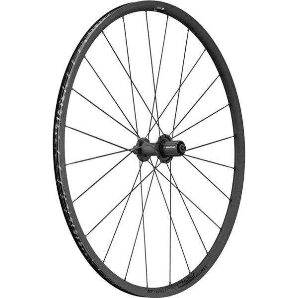 DT Swiss PR 1400 DICUT Oxic clincher front wheel with 21x18mm QR for road bikes, mounted and ready for riding.