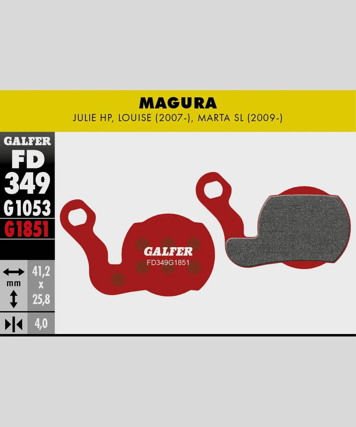 Galfer bike disc brake pads for trail, enduro, and e-MTB; close-up of the high-performance brake pads showing friction material.