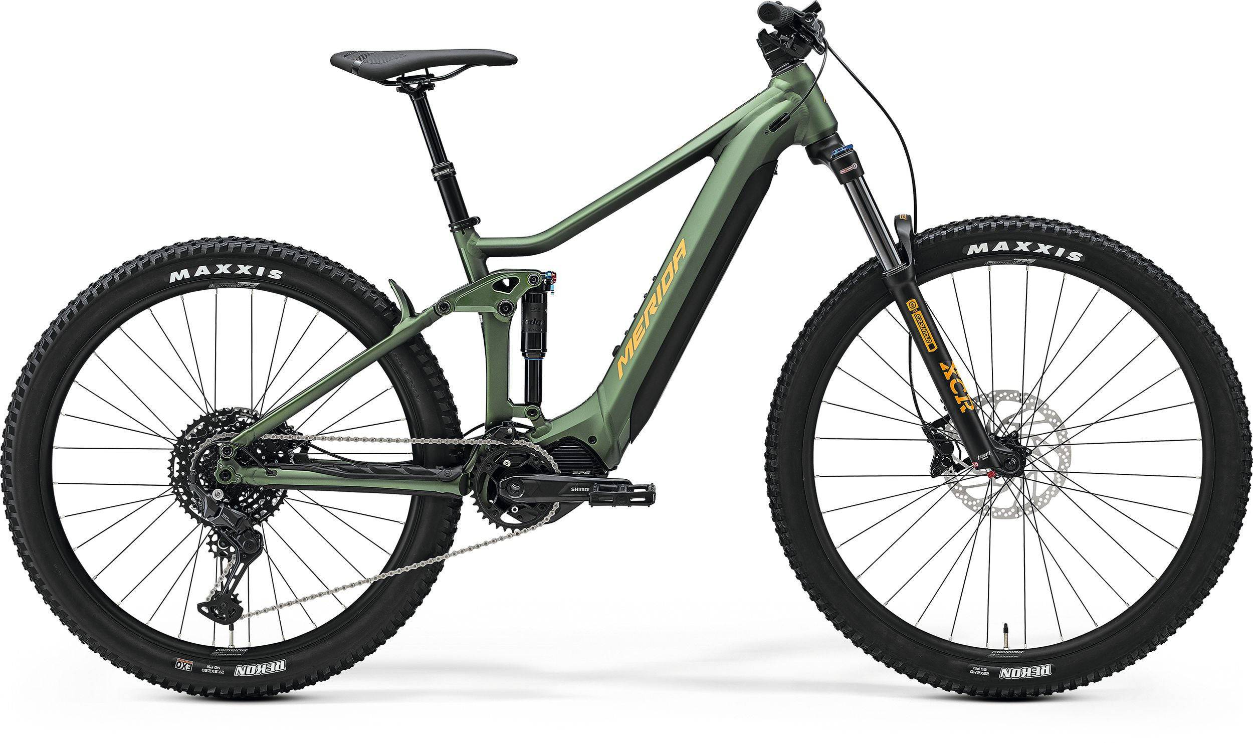Merida eOne-Forty 400 SE MY24 e-mountain bike in green and orange with Shimano motor, rugged frame and mountain bike features.
