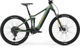 Merida eOne-Forty 400 SE MY24 e-mountain bike in green and orange with Shimano motor, rugged frame and mountain bike features.