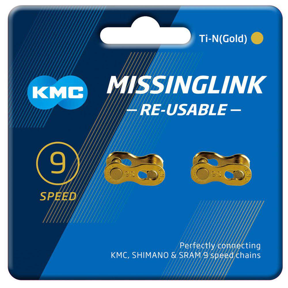 KMC Missinglink 9R Ti-N Gold reusable quick release chain links, 2 pack, bike chain spare components, gold-colored metal links