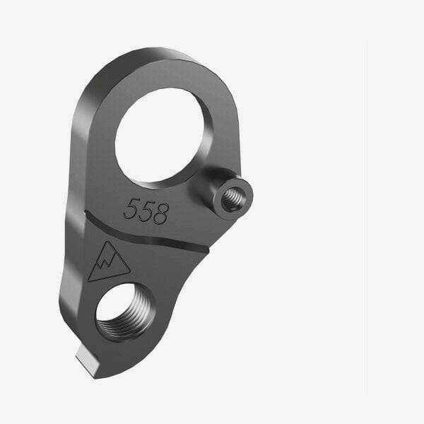 Wheels Manufacturing replaceable derailleur hanger dropout 558 for precise bike shifting, shown on a bicycle frame.