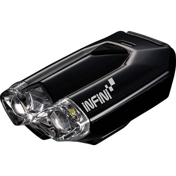 Infini Lava Super Bright Micro USB front bike light with quick release bracket in black, designed for cycling safety.