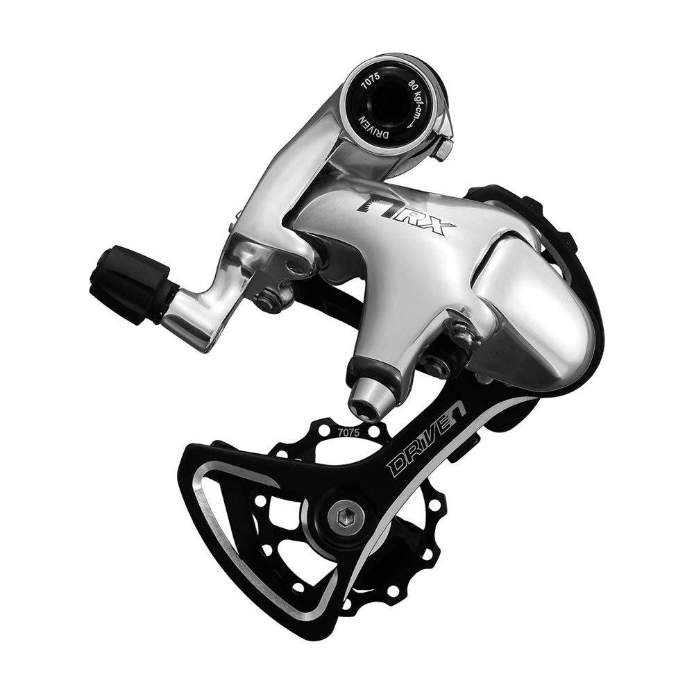 SunRace RDRX2 SD rear derailleur for road bikes, compatible with 11-28T cassettes, shown mounted on a bicycle drivetrain.