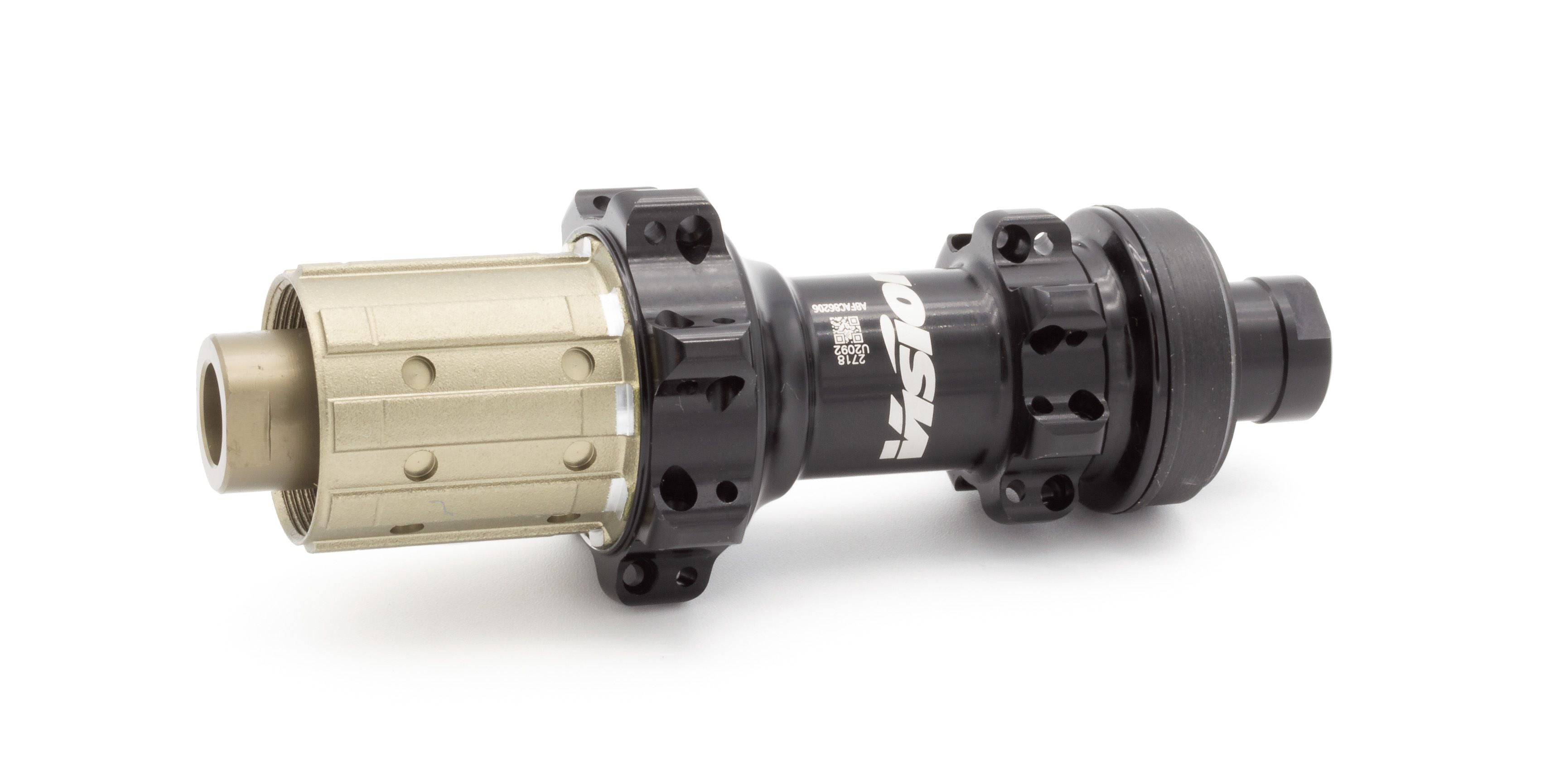 Vision TriMax 30 DB rear hub with 28H center lock disc wheel, X12 axle, for bike components, in black with detailed threading.