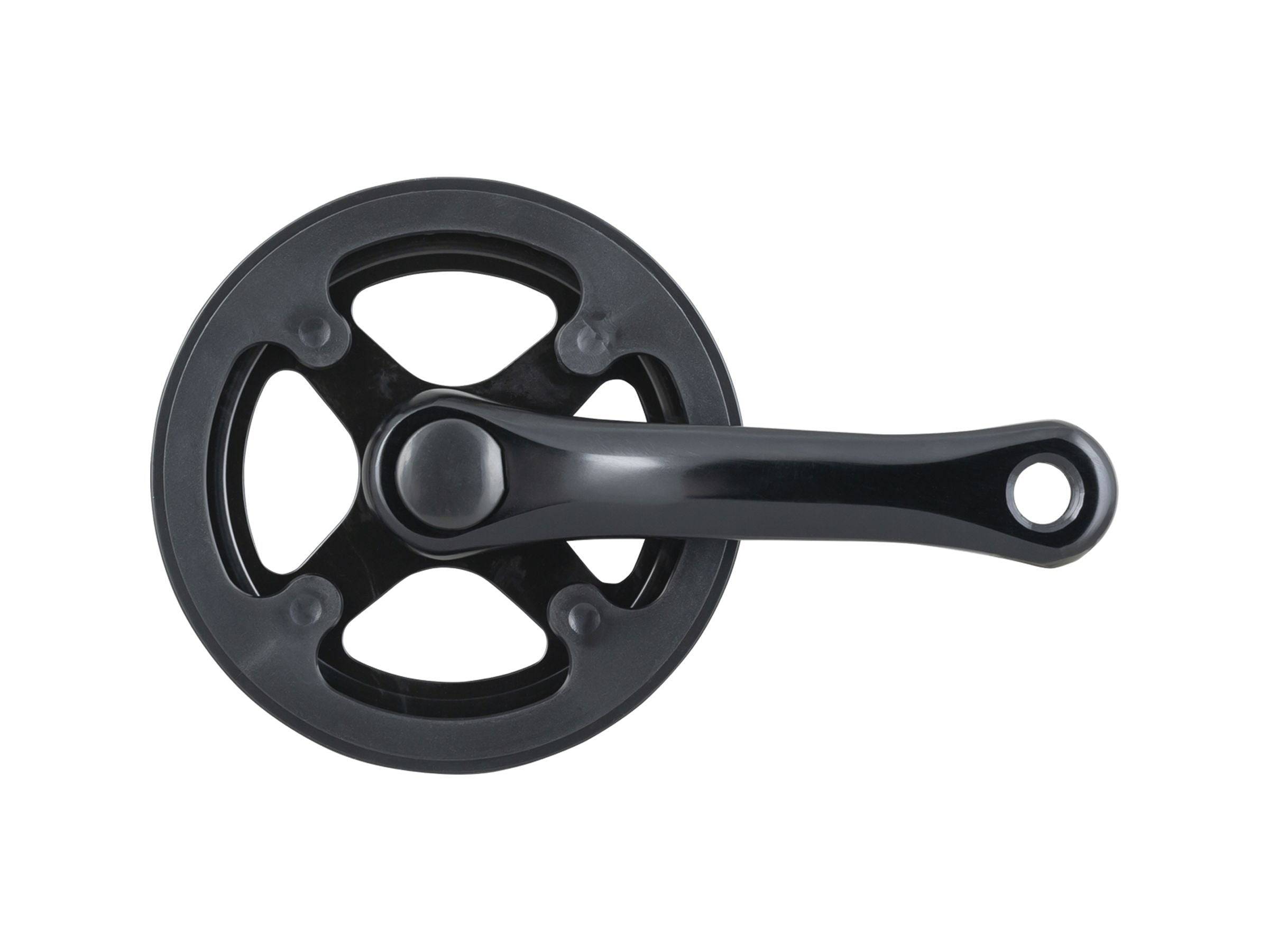 Trek kids' mountain bike crankset with 127mm arm length and 28-tooth chainring, black color, bike components.