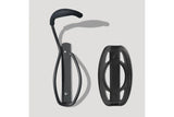 Black Delta bike hook with tray for vertical wall mounting, designed for secure bike storage and organization.