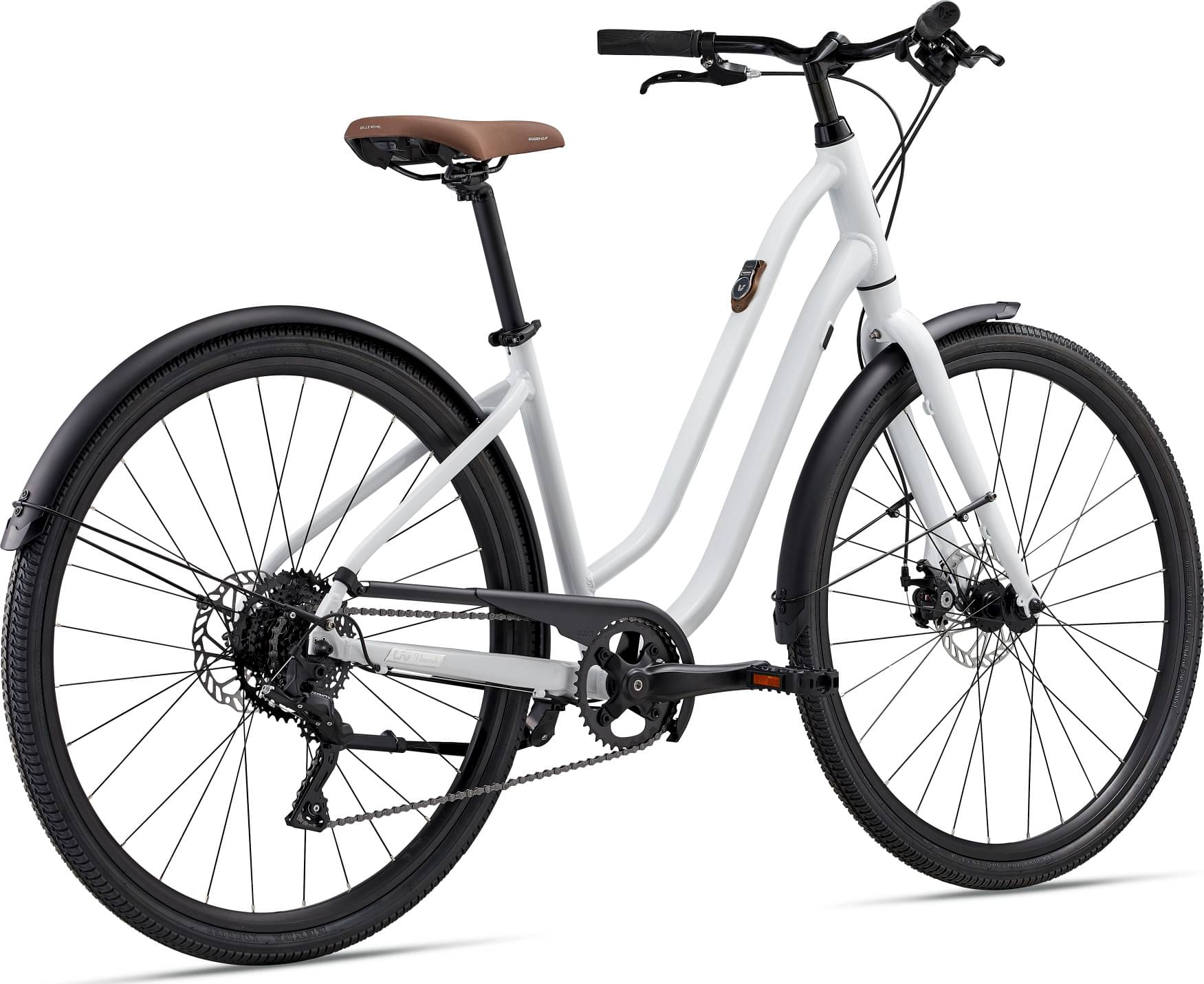 Liv Flourish 3 Disc 2023 women's hybrid bike with ergonomic design and disc brakes, shown with sleek frame and comfortable saddle.