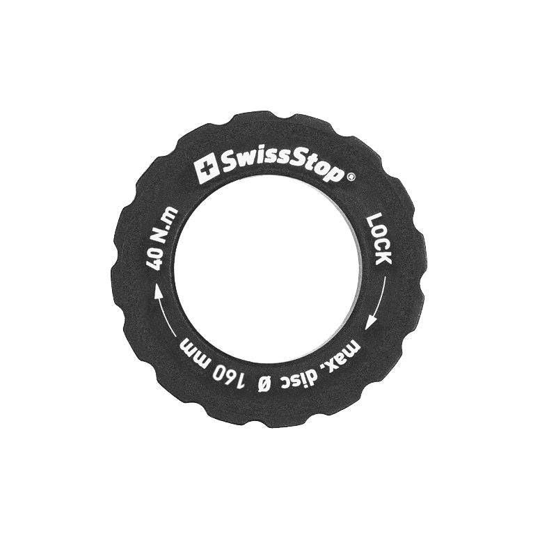 SwissStop Centre Lock lockring for 160mm black bike brake rotor, secure component for bike braking system.