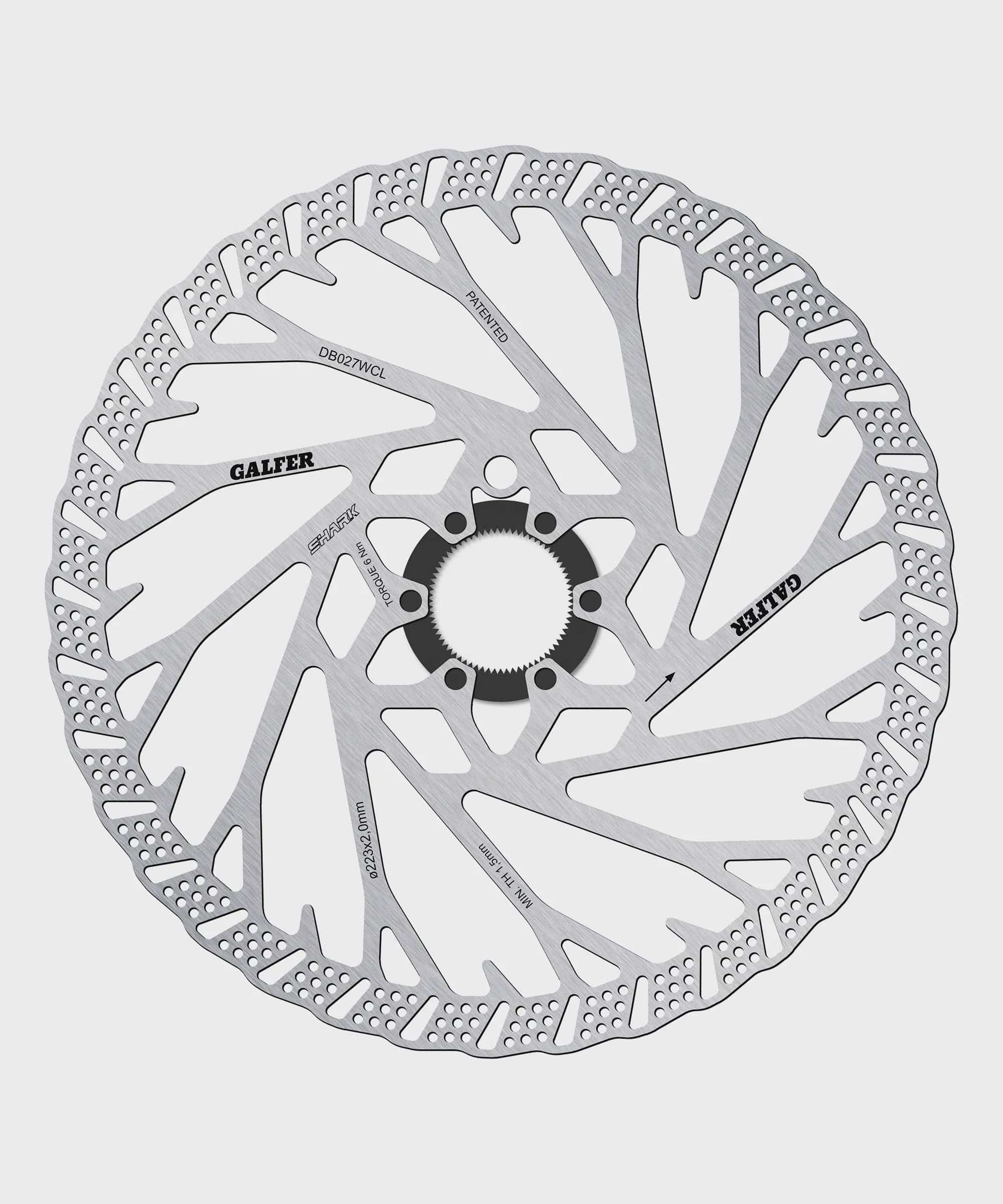 Galfer Shark 6-Bolt MTB disc brake rotor with vented design and high-performance metallic surface for mountain biking.