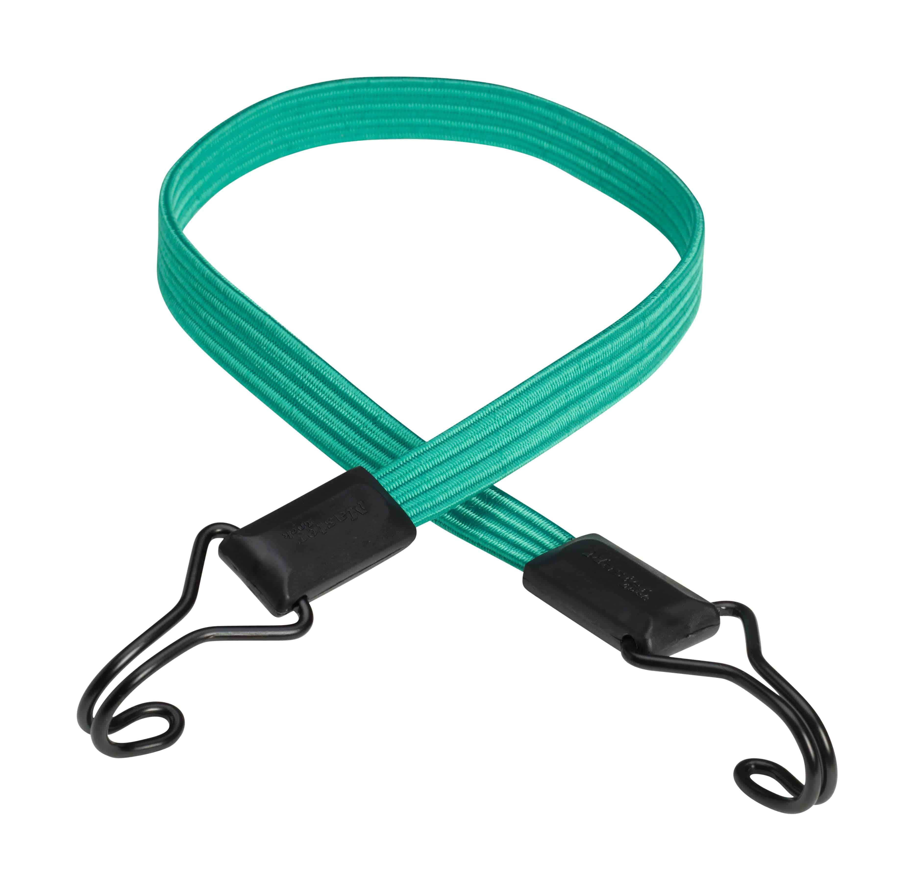Master Lock green bungee cord with swivel wire hooks, 800 x 18mm, flexible and durable for securing items.