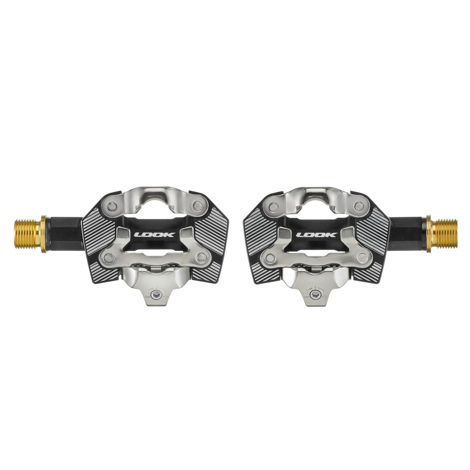 Look X-One-G Ti gravel racing pedals with SPD compatibility and adjustable tension, showing lightweight titanium construction and cleat engagement.