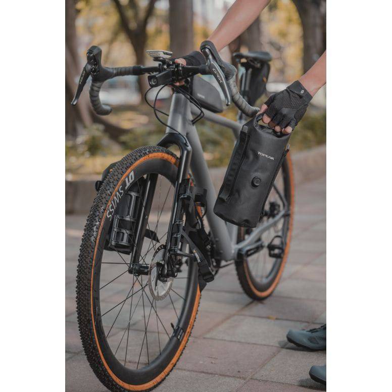 Topeak Fork Drybag 4L weatherproof bikepacking bag mounted on bike fork, black, designed for Versacage mount.