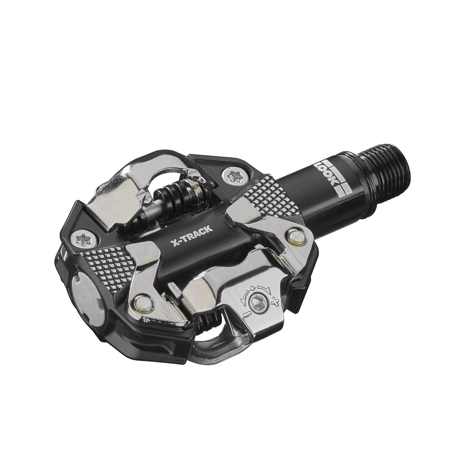 Look X-Track MTB pedals in dark grey, SPD-compatible off-road bike pedals with cleats and durable design for mountain biking.