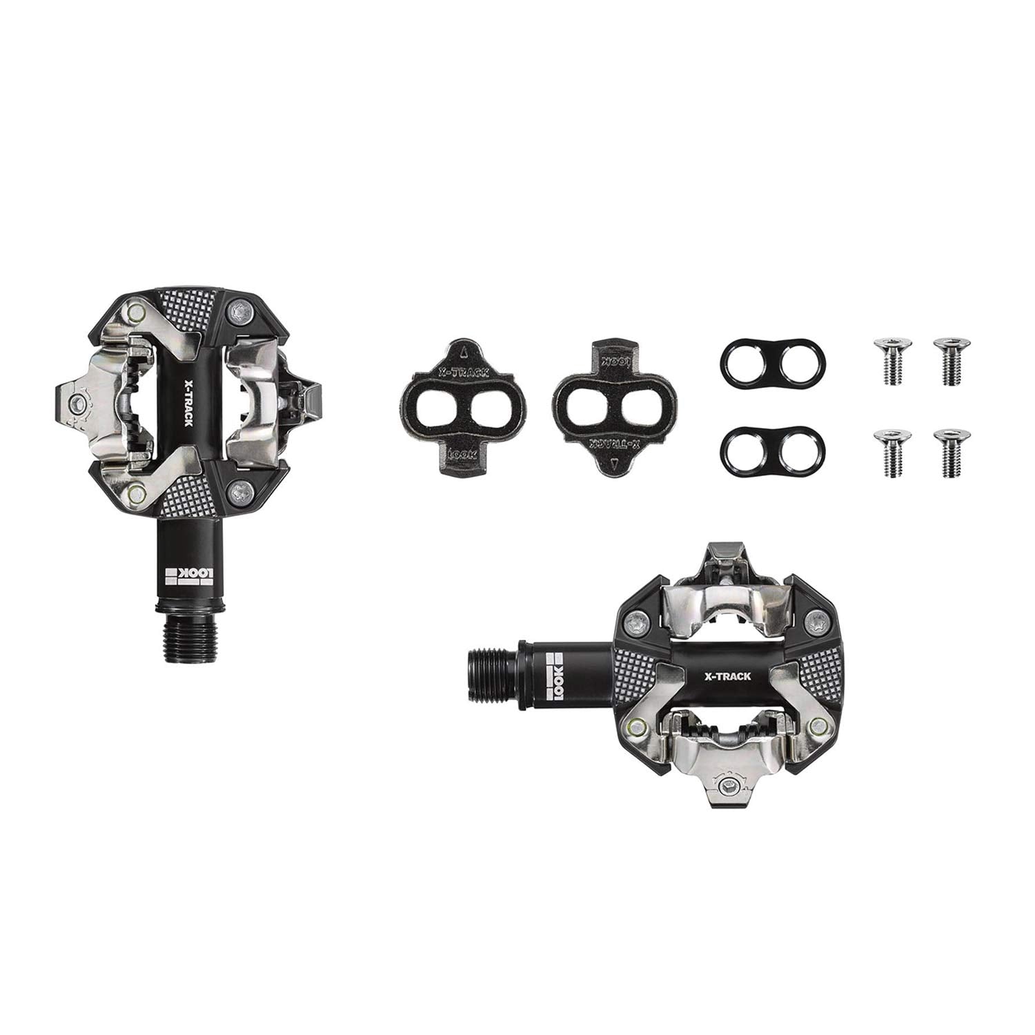 Look X-Track MTB pedals in dark grey with SPD compatibility, off-road bike components designed for secure pedal engagement.